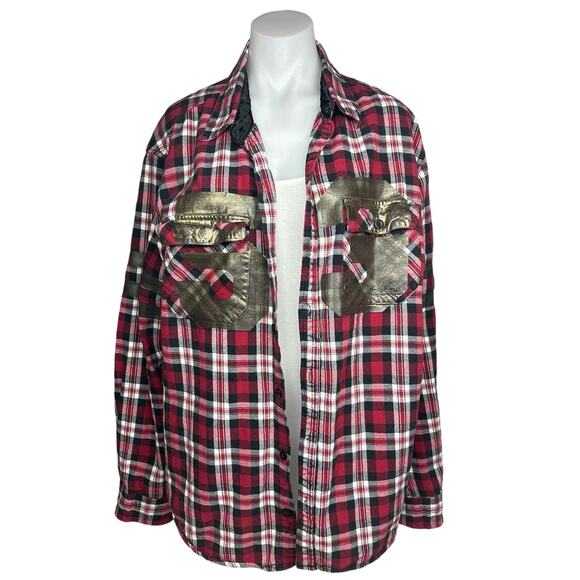 LF Furst of A Kind Red Oversized Plaid Check Flannel Button Up Shirt One Size - Picture 1 of 7